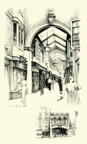a pencil sketch of the Burlington Arcade in London 