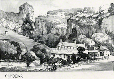 Pencil sketch of Cheddar gorge at Cheddar Rising by Claude Buckle