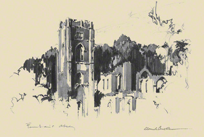 pencil drawing of Fountains abbey near Ripon in North Yorkshire by Claude Buckle