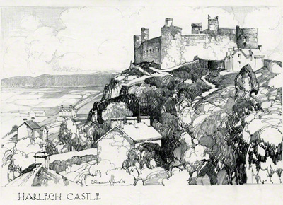 Harlech Castle in wales a pencil sketch by Claude Buckle