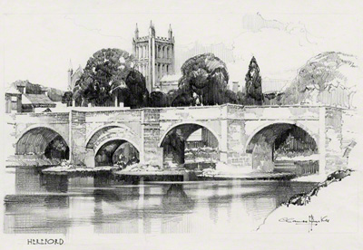 pencil drawing of the wye bridge and hereford cathedral by claude buckle