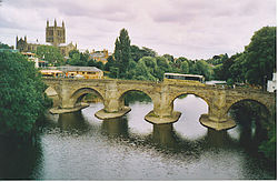 Photo of the Wye Bridge and Hereford cathedral.