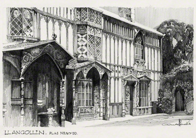 A pencil sketch of Plas Newydd in the town of Llangollen, Wales by Claude Buckle