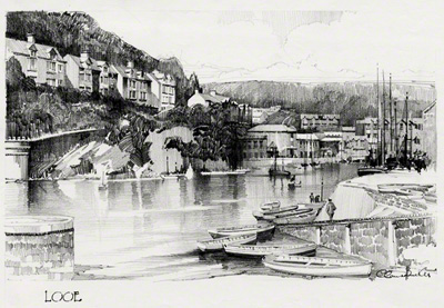 A pencil drawing of Looe in Cornwall by Claude Buckle