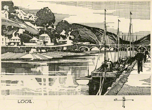 A pencil sketch of Looe showing the Polperro road (A387)and bridge across the river Looe.