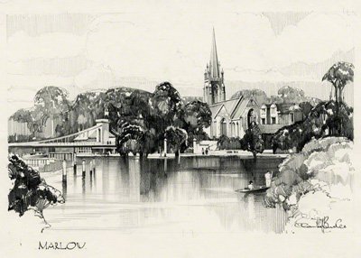 A pencil sketch of Marlow showing the suspension bridge and All Saints Church 