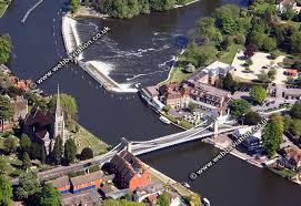 Arial photograph of Marlow Suspension Bridge with Marlow lock just off the top of the picture