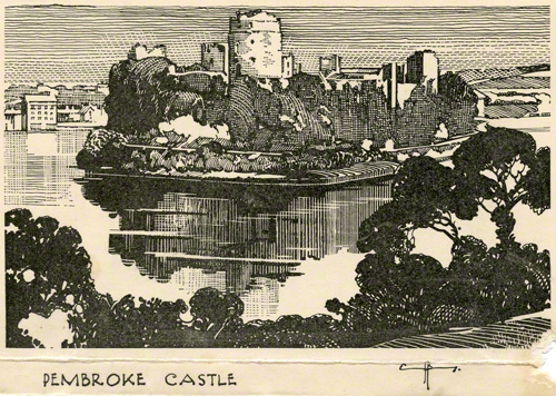 A pencil sketch of Pembroke castle by Claude Buckle