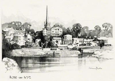 A pencil drawing of Ross-on-Wye by Claude Buckle looking down the river at the town