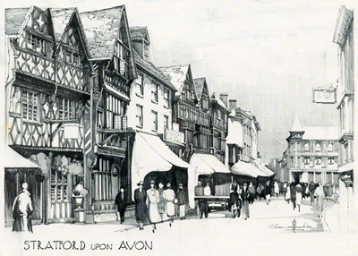 A pencil drawing of Stratford-upon-Avon by Claude Buckle. The picture shows the Garrick inn