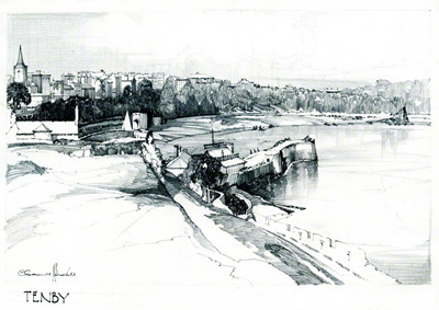 A pencil sketch of Tenby by Claude Buckle. View id from outside the harbour looking towards the town