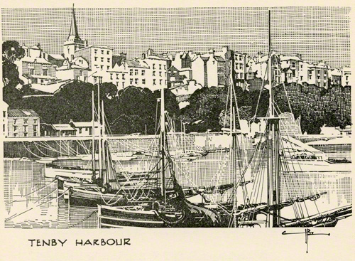 Second pencil drawing of Tenby by Claude Buckle fromm within the harbour looking towards the town