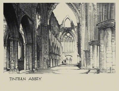 A pencil sketch of Tintern Abbey by Claude Buckle. A view form inside.