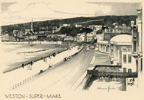 A pencil sketch of Weston-Super-Mare by Claude Buckle showing the Pavilion and the Royal Parade