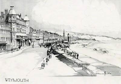 A pencil sketch of Weymouth by Claude Buckle looking towards the town from the esplanade