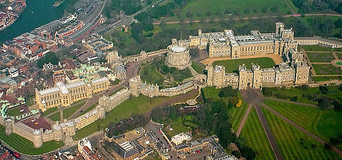 View of Windsor Castle from the air. The drawing is looking from the top left hand corner of this photograph.
