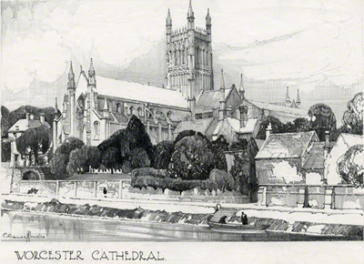A pencil drawing of Worcester Cathedral looking across the River Seven by Claude Buckle