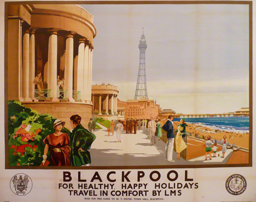 View of Blackpool tower from the sea front. Railway poster.