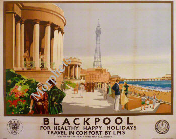 View of Blackpool tower from the sea front. Railway poster.