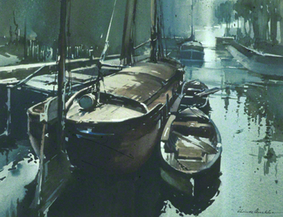 water colour painting of barges bu Claude Buckle