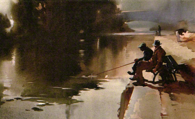 A water colour by claude buckle. Two men seated on a bench fishing by a river. There is a bridge in the background