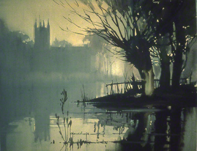 water colour painting of a misty scene, winter time on rive with village church in background