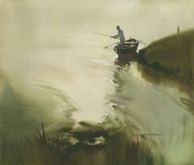 water colour painting of a fisherman fishing from a boat in a river