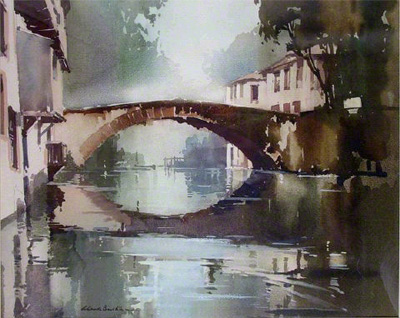 water colour painting of a bridge over a river