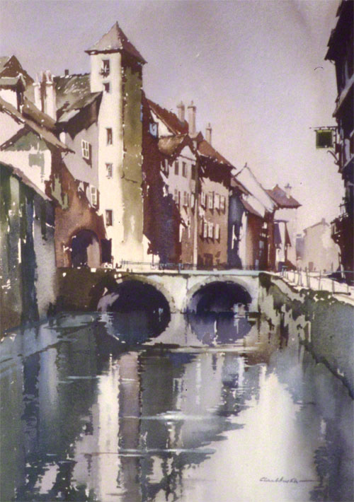 Annecy in the Auvergne-Rhône-Alpes region of Southeastern France. Water colour by Claude Buckle