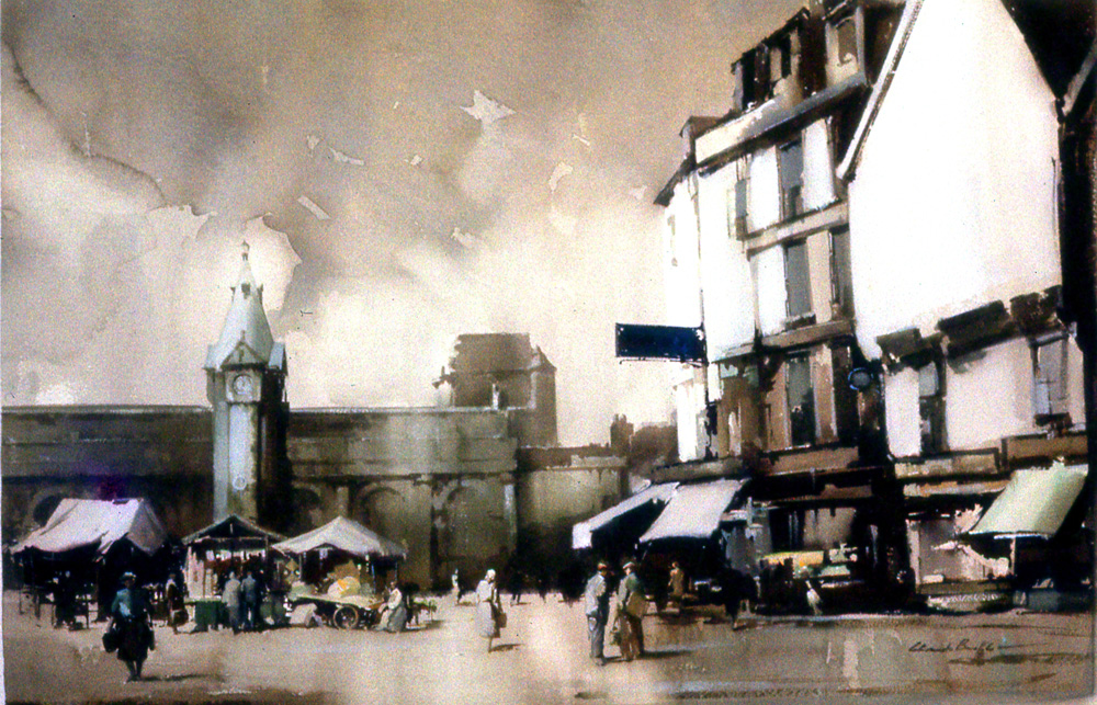 Beauvais in France a market in the town centre. A water colour picture by Claude Buckle.