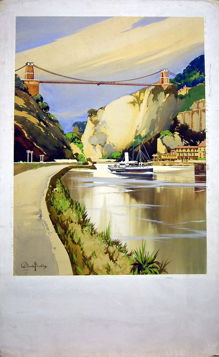 An early railway poster (1936) of the Clifton Suspension bridge Bristol UK with a steamer in the foreground.