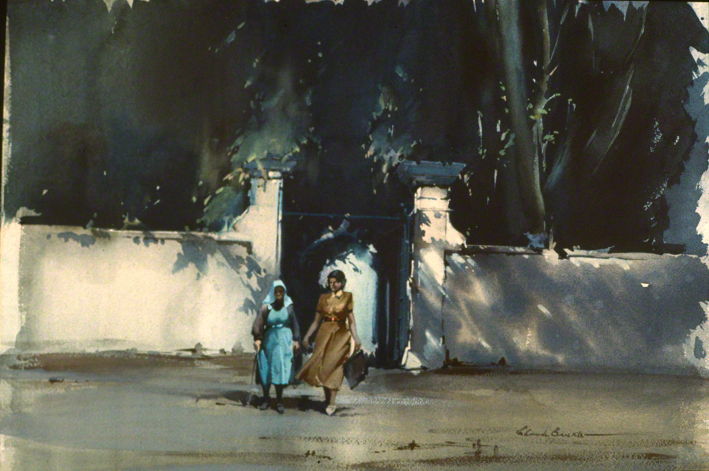 Two women standing in front of the Chaterlee Gates in the Ile-de-Re France. A water colour by Claude Buckle.