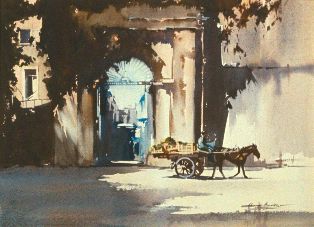 Horse and cart passing Portail des Jacobins Carcassonne France. A water colour by Claude Buckle.