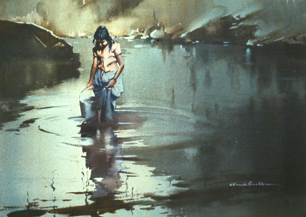 water colour of girl in river by Claude Buckle