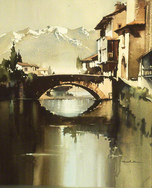 water colour painting of St Jean Pied de Port, a town in the Pyrenees showing the bridge over the river and the mountains in the distance.

