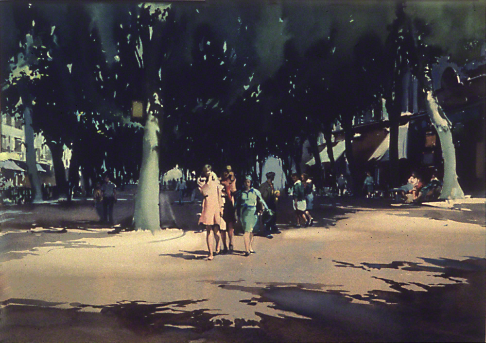 A water colour by Claude Buckle of the Ramblas in Barcelona