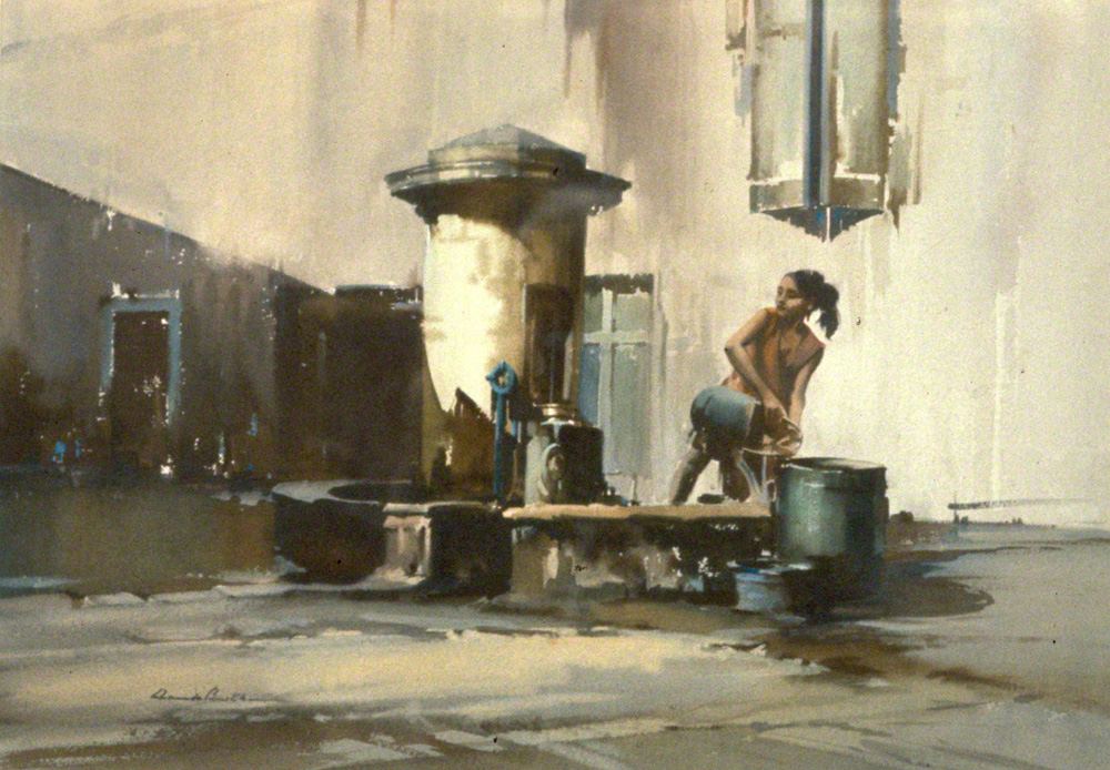 Young girl by well pump France. A water colour by Claude Buckle.