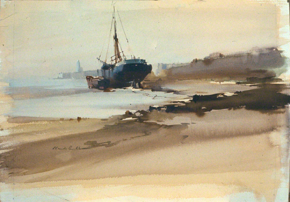 The water colour by Claude Buckle depicts a beached boat called Spanish Beach