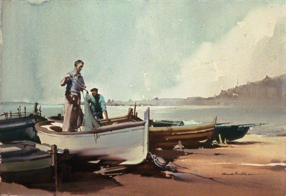 A water colour by Claude buckle of boats on a Spanish beach