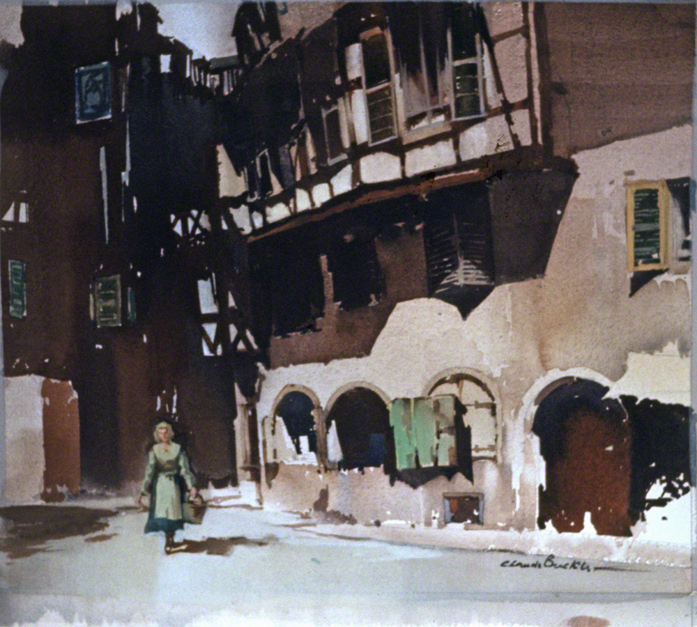 Water colour painting by Claude Buckle of Old Street Fougères a town in the region of Brittany in northwestern France.